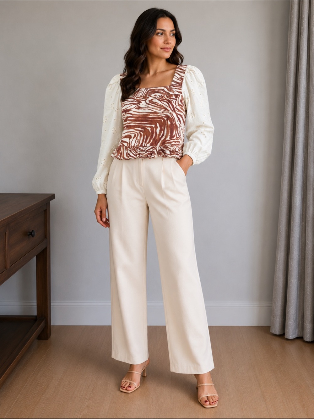 Brown Zebra-Print Crop Top with Eyelet Puff Sleeves